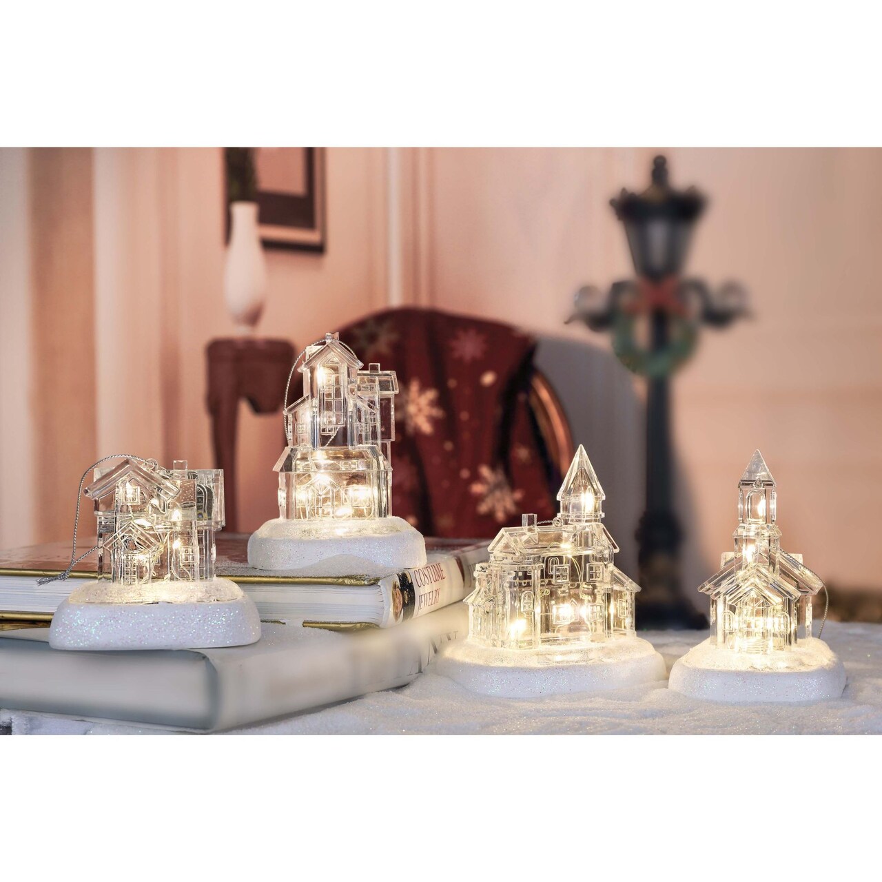 Icy Giftware LED Lighted House with Glittered Base Christmas Decorations 4.5"- Set of 8